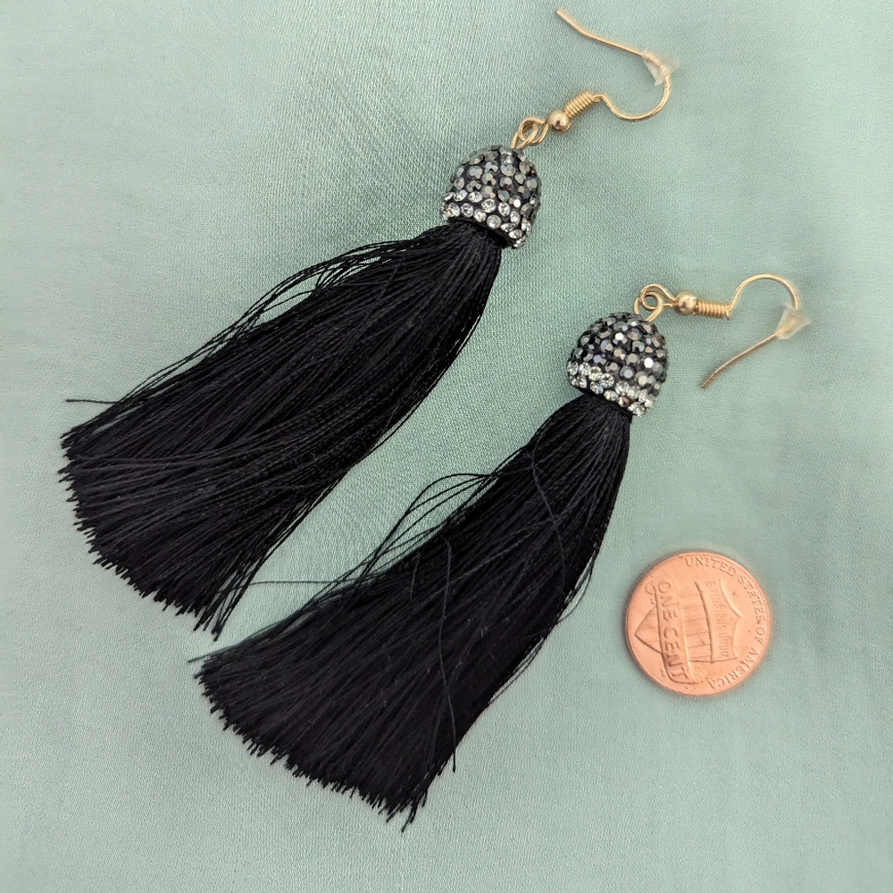 Black Tassels Earrings With Crystal Beads